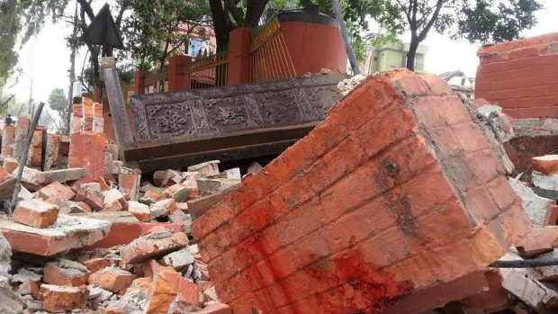 A collapsed building is seen in Nepal's capital Kathmandu. 