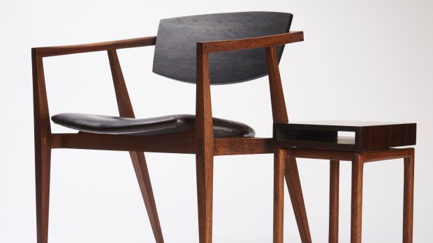 Damien Wright, Reading Chair, 2018, Recovered Black Bean, Ancient Red Gum, Carbon fibre, Leather, Tung oil, and Ned, 2018, Recovered Black Bean, Ancient Red Gum, brass, Tung oil. 