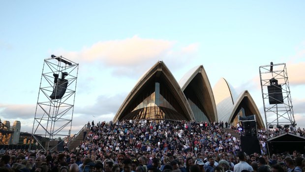The view of the Opera House forecout as crowds assemble before Crowded House perform.