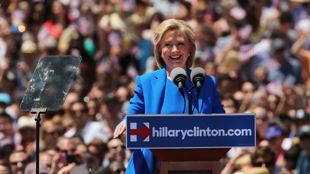 Democratic presidential candidate Hillary Clinton speaks at her official kickoff rally on June 13.