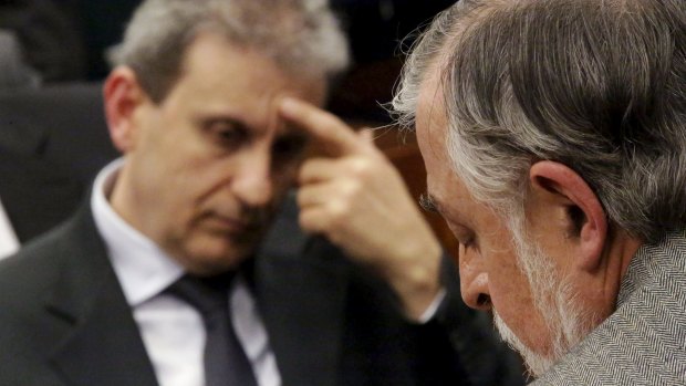 Former director of Brazil's state-run Petrobras oil company Paulo Roberto Costa (right) and businessman Alberto Youssef at a parliamentary commission investigating allegations of corruption at Petrobras on Tuesday.