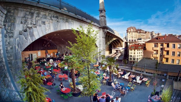 Relaxing under the railway arches in Lausanne.