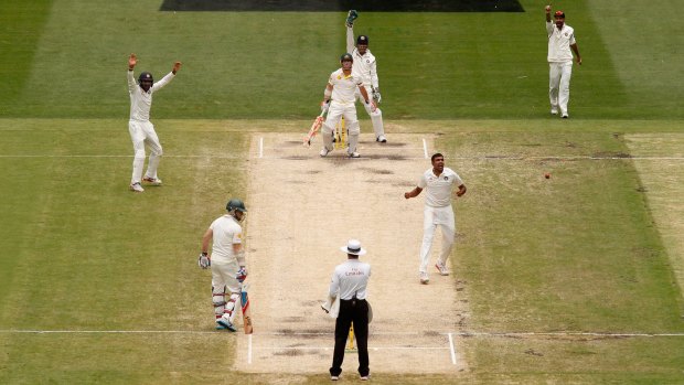 David Warner falls lbw to Ravi Ashwin for 40 as Chris Rogers looks on from the other end.