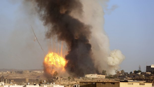An airstrike by the Saudi-led coalition at a weapons depot in Sanaa, Yemen, on Friday. 