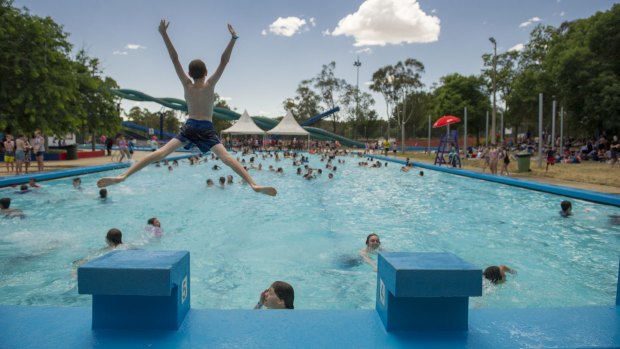 Waterpark Canberra was packed on Thursday as youngsters cooled off in the sizzling heat.
