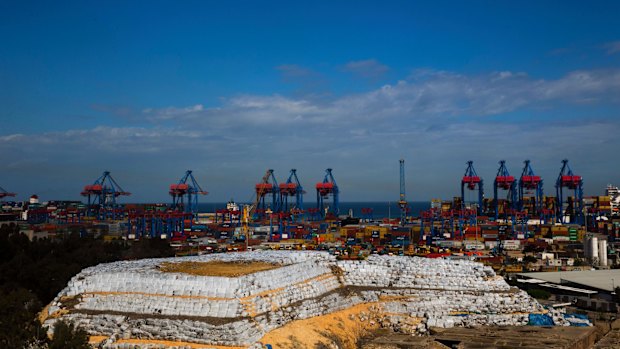 A pile of waste lies next to the port in the Lebanese capital Beirut.