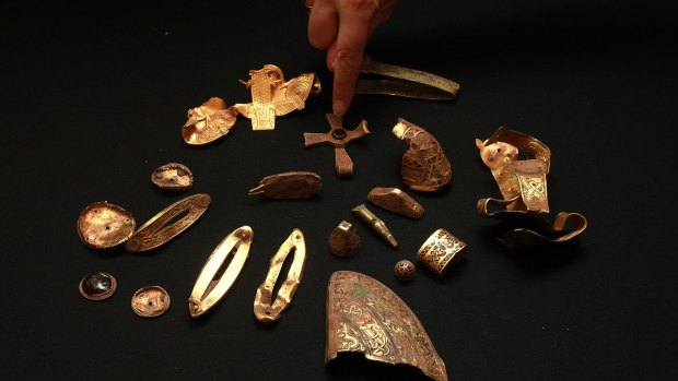 Part of the The Staffordshire Hoard, the UK's largest collection of Anglo Saxon treasure ever found, at Birmingham Museum.