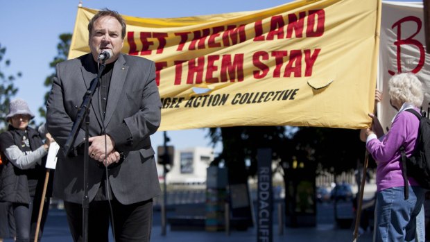 Paul Stevenson OAM speaking at the 'Bring Them Here' refugee rights rally.