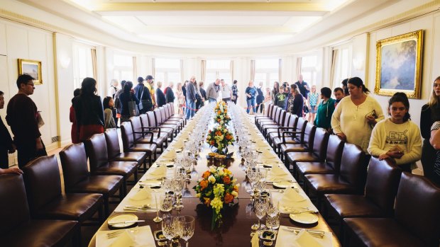 Crowds in the dining hall at the Government House open day on Saturday afternoon.