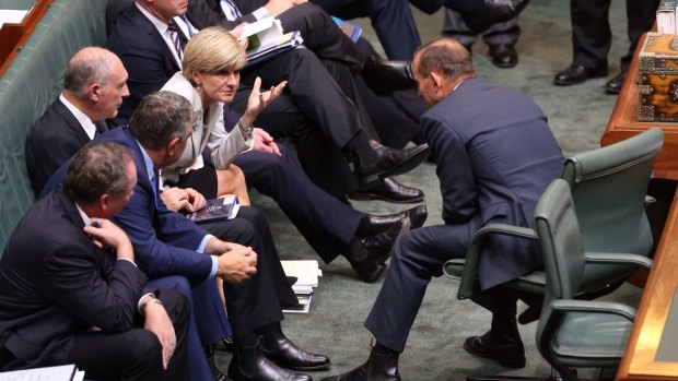 Pressure mounting: Prime Minister Tony Abbott and Foreign Affairs Minister Julie Bishop during a division in question time on Thursday.