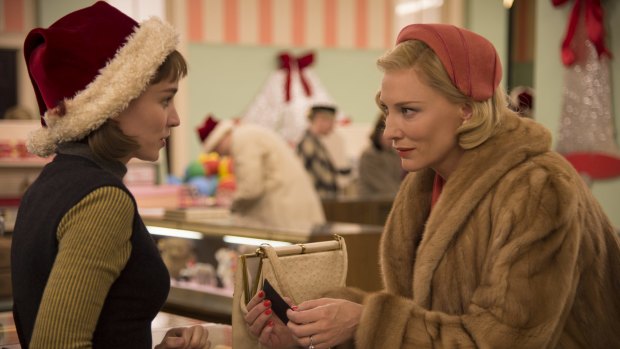 Rooney Mara (left) as Therese Belivet and Cate Blanchett as Carol Aird in <i>Carol</i>.