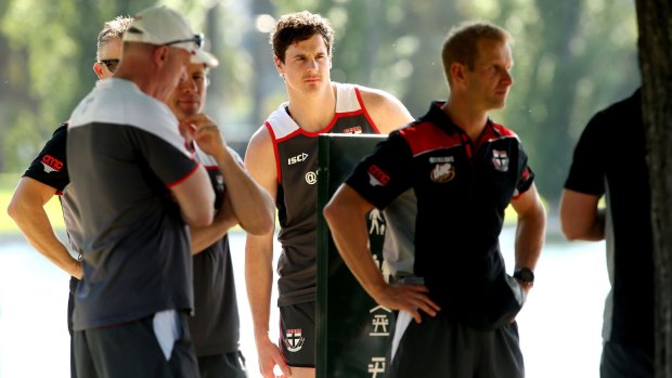 St Kilda recruit Jake Carlisle  during training  for the club's first to fourth year players at Albert Park Lake on Monday.
