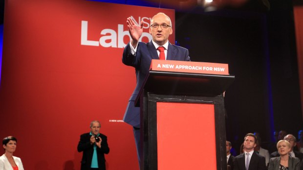 NSW Opposition Leader Luke Foley addresses the party faithful and assembled Labor luminaries at the Catholic Club in Campbelltown at Labor's Campaign Launch on March 1.