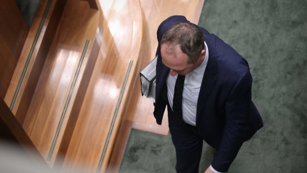 Deputy Prime Minister Barnaby Joyce leaves the house via a side door after question time on Thursday.
