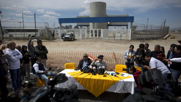 El Chapo lawyer Jose Luis Gonzalez Meza, centre, holds a press conference this month outside the Altiplano maximum security prison to announce he would begin a hunger strike in protest over the drug lord's treatment inside the Mexican prison.