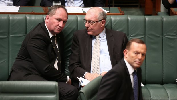 Agriculture Minister Barnaby Joyce, Deputy Prime Minister Warren Truss and Prime Minister Tony Abbott during Question Time at Parliament House in Canberra in August 2015.  