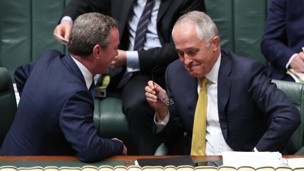 Leader of the House Christopher Pyne and Prime Minister Malcolm Turnbull during question time on Tuesday.
