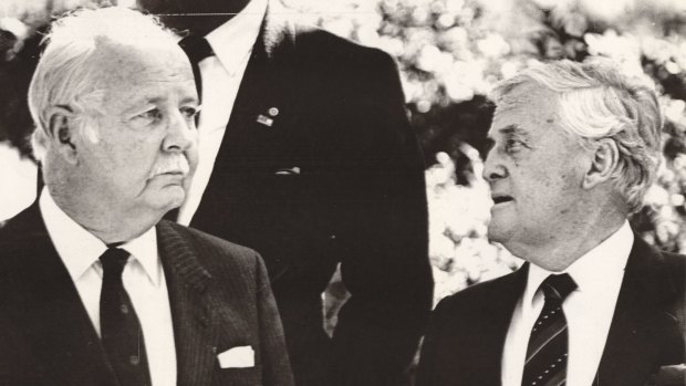 Governor of Queensland Sir Walter Campbell and Sir Joh Bjelke-Petersen at Government House after new ministers were sworn in after the 1987 election.