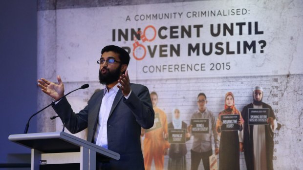 Uthman Badar delivers a speech during the conference "A Community Criminalised: Innocent Until Proven Muslim" on November 1, in Sydney.