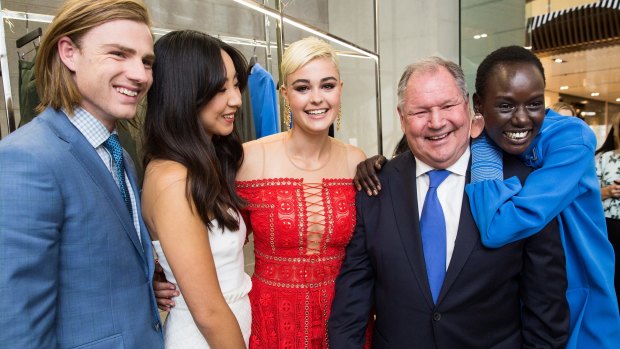 Celebrating Melbourne fashion ... Lord Mayor Robert Doyle (second from right) with the faces of Melbourne Fashion Week (from left) Thomas Davenport, Kristy Wu, Stefnia Ferrario and Ajak Deng.