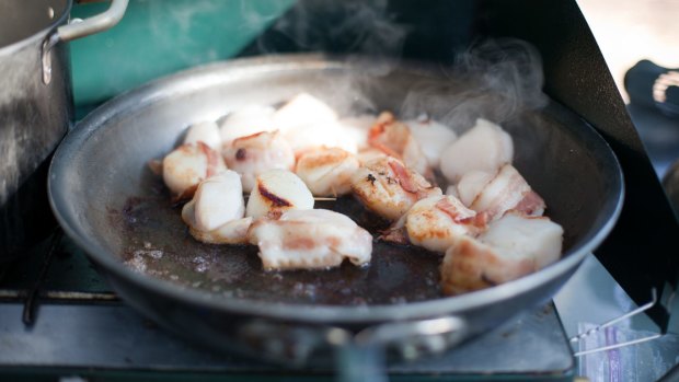 Scallops and bacon for an entree sizzle in a pan. 