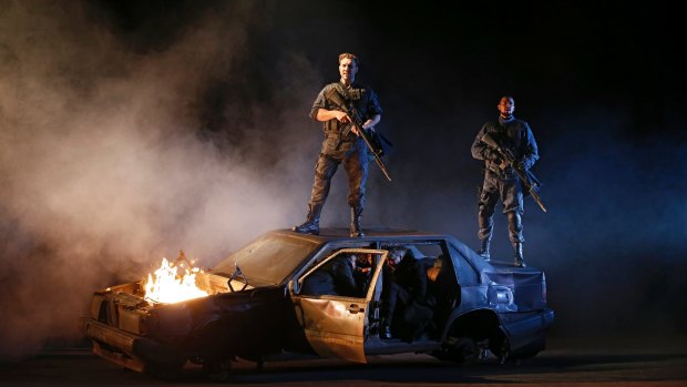 Jai Courtney and Kevin Hofbauer in the Melbourne Theatre Company production of Macbeth.