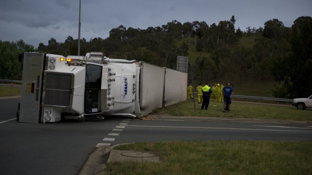 This truck rolled on the ACT's worst roundabout, at Gundaroo Drive and the Barton Highway, in 2013.
