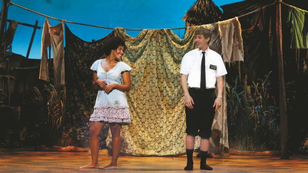 Zahra Newman (Nabulungi) and A.J. Holmes (Elder Cunningham) in the Australian premiere of <i>The Book of Mormon</i> at Melbourne's Princess Theatre.