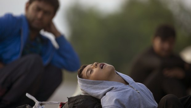 A boy rests at a police detention point after crossing from Serbia into Hungary.