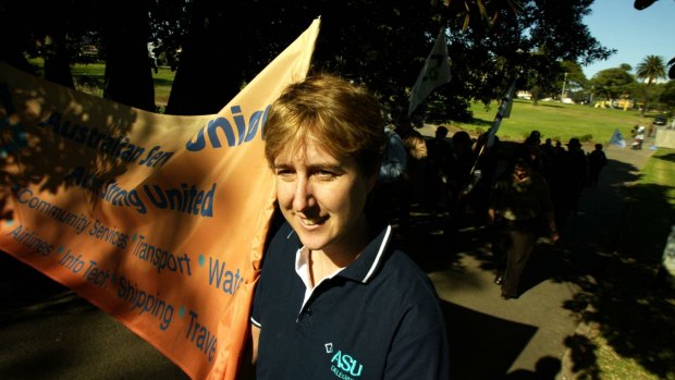 Then head of the Australian Services Union, McManus rallies in solidarity with University teachers and staff.