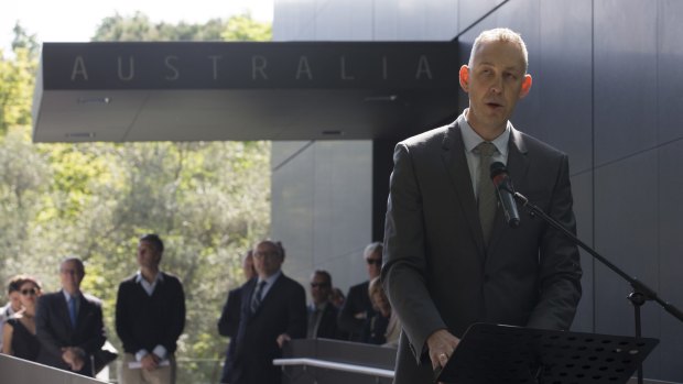 Arts Minister Senator George Brandis listens (centre, background) listens while Australia Council chief executive speaks at the opening of the new Australian Pavilion at the Venice Biennale last week.