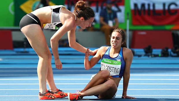 True sportsmanship: Nikki Hamblin, left, checks on American runner Abbey D'Agostino.