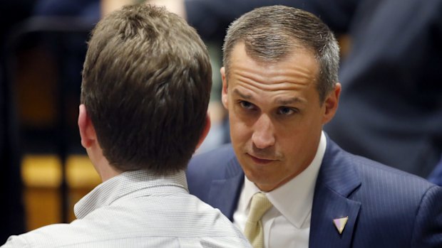 Campaign manager Corey Lewandowski talks to a member of the media in Wisconsin. 