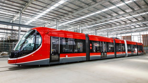 Canberra's first light rail vehicle at its depot in Mitchell.