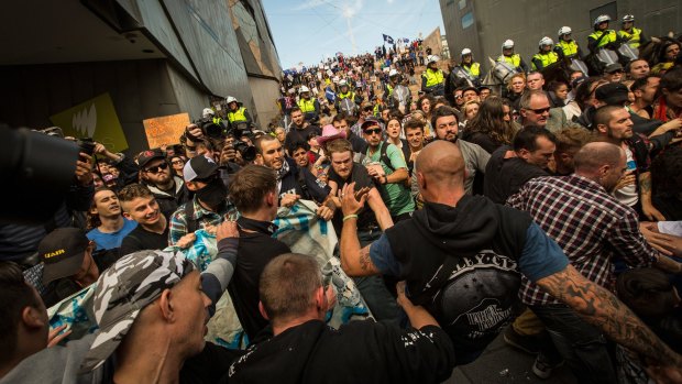 Rally against racism protesters clash with Reclaim Australia protesters at Federation Square in April.
