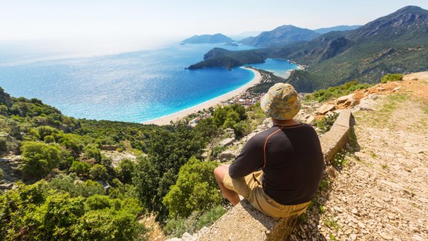 A backpacker on the trail of the Lycian Way in Turkey.