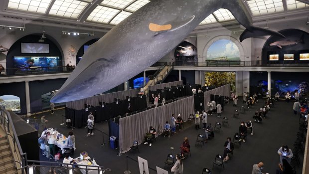 A mass vaccination centre at the American Museum of Natural History in New York.