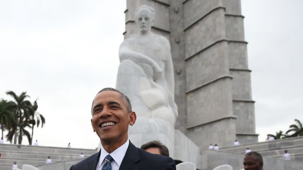 US President Barack Obama stands near the Jose Marti memorial after taking part in a wreath-laying ceremony in Revolution Square in Havana on Monday.
