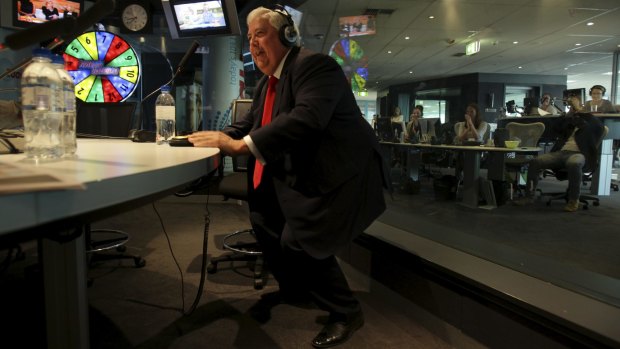 Palmer ''twerks'' during a radio interview with 2DayFM's Kyle and Jackie O while campaigning in Sydney in 2013.