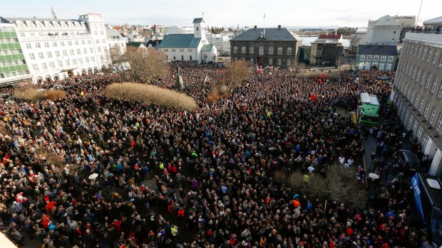 Thousands of protesters in a Reykjavik mass demonstration against Iceland's PM.