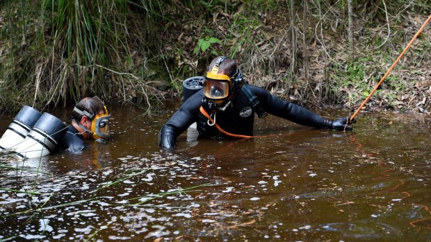 NSW Police divers search a dam as the search continues for evidence of missing William Tyrrell.
