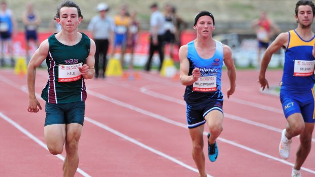 Jack Hale (left) during the first round of the 100 metres sprint at the Australian All Schools Championships at the South Australia Athletics Stadium on Saturday.