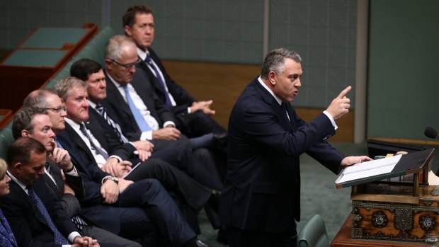 Treasurer Joe Hockey hands down the Budget in the House of Representatives on Tuesday night.
