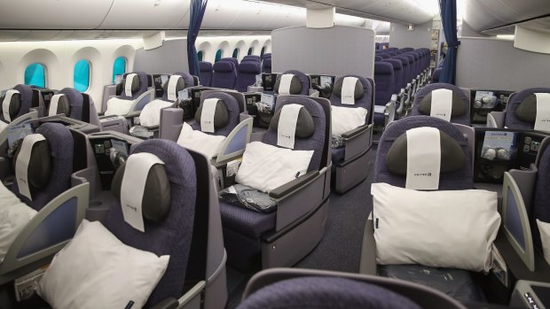 The business class cabin on board a United Airlines 787-9 Boeing Dreamliner.