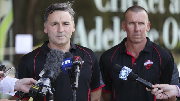 South Australian Cricket Association chief executive Keith Bradshaw and SACA selector Tim Neilsen speak to the media in Adelaide on Friday.