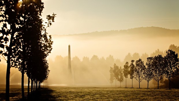 Mayfield Garden has become a major showpiece and features an obelisk, seen here in early morning mist.