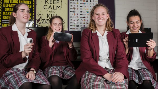 St Clare's College students Heather Mills 16, Erin Burk 15, Tylah Forsyth 17, and Kaylah Edwards 15. The school participated in a program aimed at improving maths outcomes.