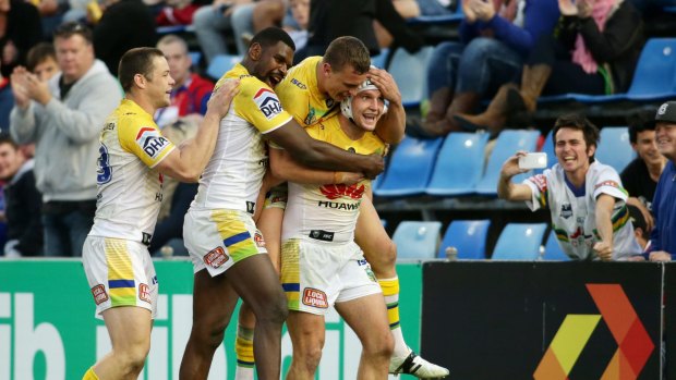 The Raiders celebrate a try in their last-start road win at Newcastle. 