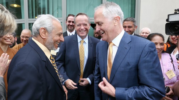 Grand Mufti of Australia Dr Ibrahim Abu Mohamed, Opposition Leader Bill Shorten and Prime Minister Malcolm Turnbull.