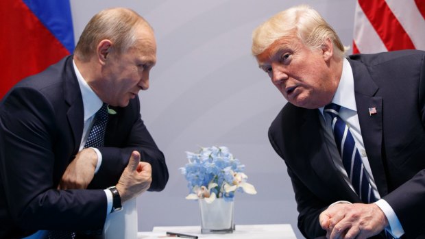 US President Donald Trump and Russia President Vladimir Putin during their formal G20 meeting in Hamburg.
